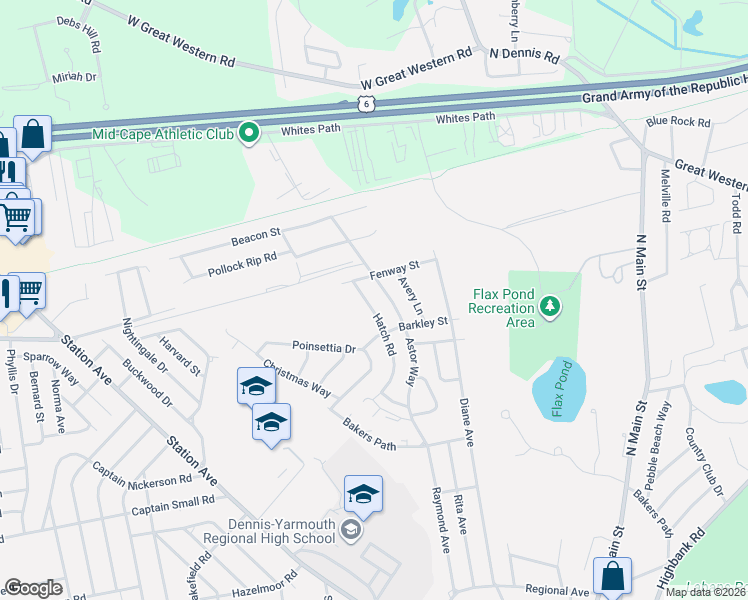 map of restaurants, bars, coffee shops, grocery stores, and more near 87 Astor Way in Yarmouth