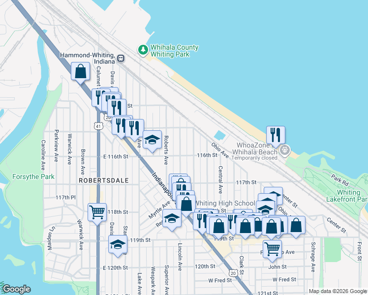 map of restaurants, bars, coffee shops, grocery stores, and more near 1543 Myrtle Avenue in Whiting