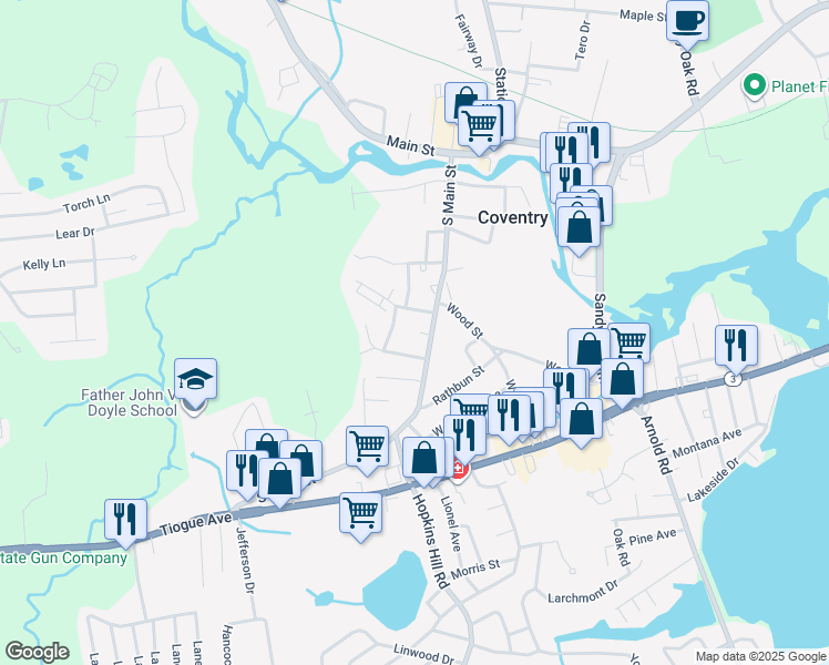 map of restaurants, bars, coffee shops, grocery stores, and more near 129 S Main St in Coventry