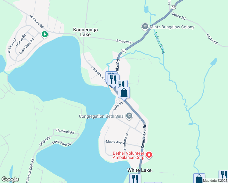 map of restaurants, bars, coffee shops, grocery stores, and more near 3575 State Route 55 in Kauneonga Lake