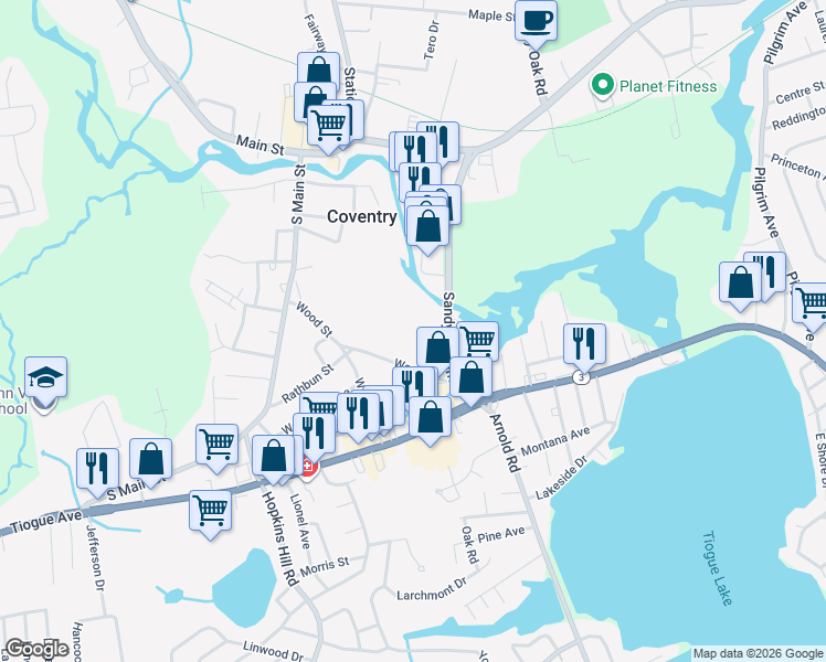 map of restaurants, bars, coffee shops, grocery stores, and more near 90 Wood Street in Coventry