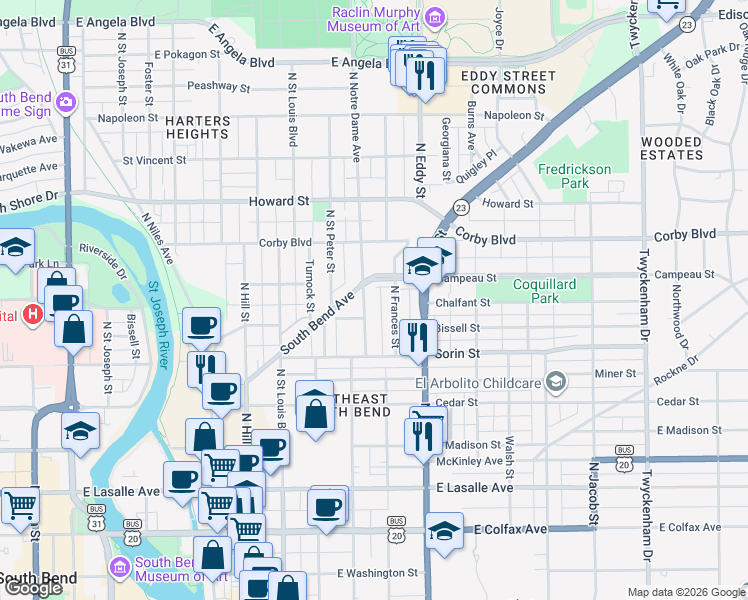 map of restaurants, bars, coffee shops, grocery stores, and more near 719 North Notre Dame Avenue in South Bend