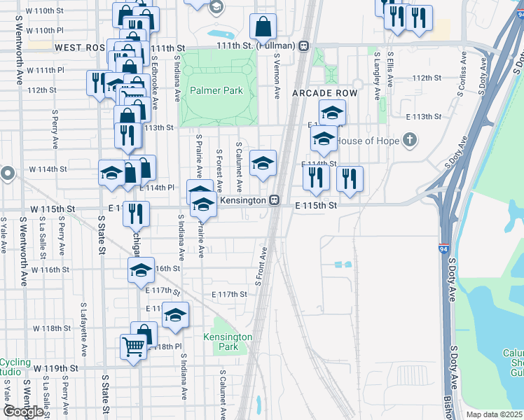 map of restaurants, bars, coffee shops, grocery stores, and more near 403 East 115th Street in Chicago