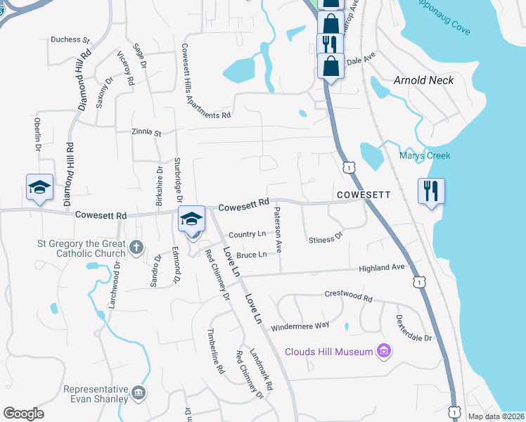 map of restaurants, bars, coffee shops, grocery stores, and more near 170 Cowesett Road in Warwick