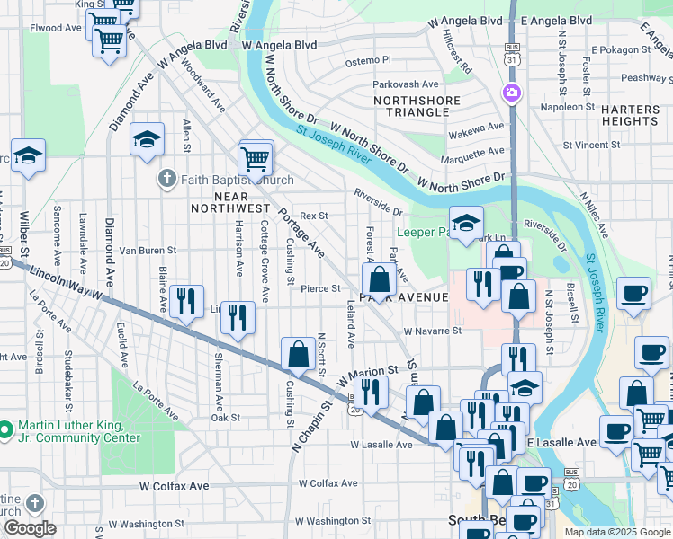 map of restaurants, bars, coffee shops, grocery stores, and more near 736 Portage Avenue in South Bend