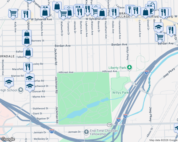 map of restaurants, bars, coffee shops, grocery stores, and more near 3502 Leybourn Avenue in Toledo