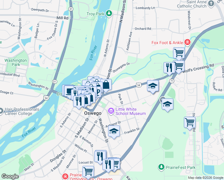 map of restaurants, bars, coffee shops, grocery stores, and more near 117 Chicago Road in Oswego