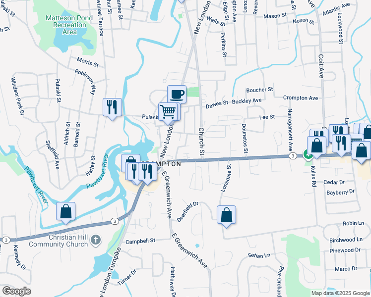 map of restaurants, bars, coffee shops, grocery stores, and more near 20 Spring Street in West Warwick