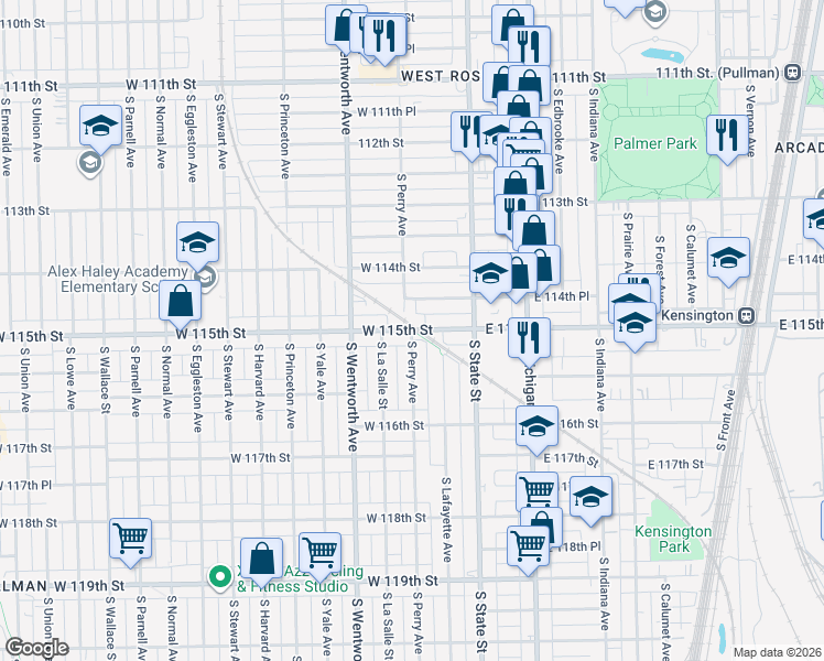 map of restaurants, bars, coffee shops, grocery stores, and more near W 115th St & S Perry Ave in Chicago