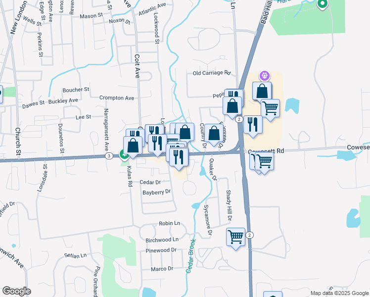 map of restaurants, bars, coffee shops, grocery stores, and more near 294 Cowesett Avenue in West Warwick