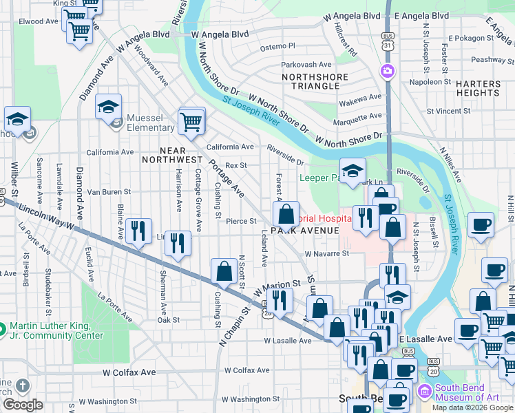 map of restaurants, bars, coffee shops, grocery stores, and more near 728 Portage Avenue in South Bend