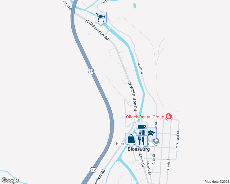 map of restaurants, bars, coffee shops, grocery stores, and more near 131 Maple Hill Road in Blossburg