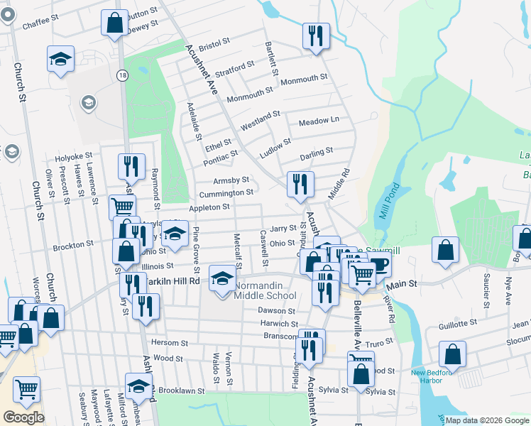 map of restaurants, bars, coffee shops, grocery stores, and more near 62 Maryland Street in New Bedford