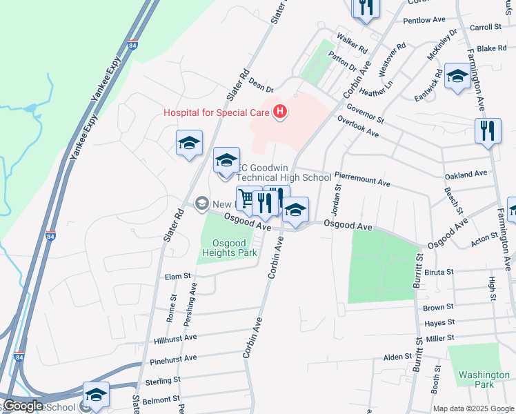 map of restaurants, bars, coffee shops, grocery stores, and more near 469 Osgood Avenue in New Britain
