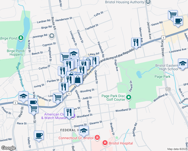 map of restaurants, bars, coffee shops, grocery stores, and more near 156 Farmington Avenue in Bristol