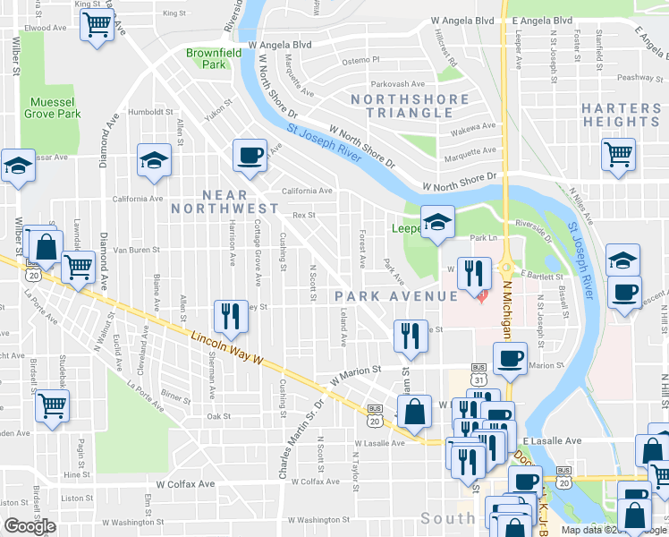 map of restaurants, bars, coffee shops, grocery stores, and more near 727 Portage Avenue in South Bend