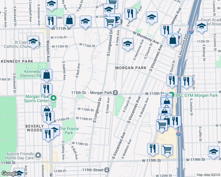 map of restaurants, bars, coffee shops, grocery stores, and more near 11446 South Hale Avenue in Chicago
