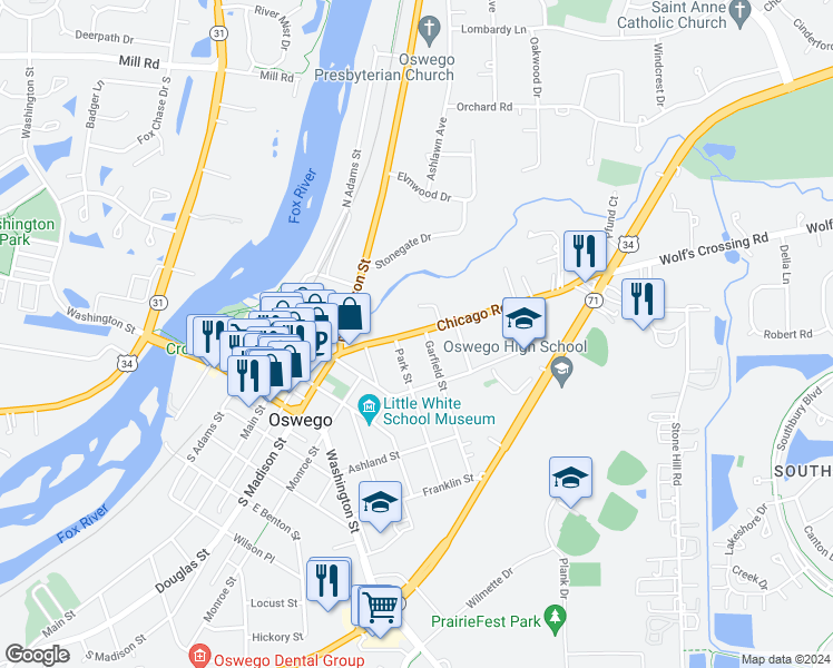 map of restaurants, bars, coffee shops, grocery stores, and more near 175 Chicago Road in Oswego