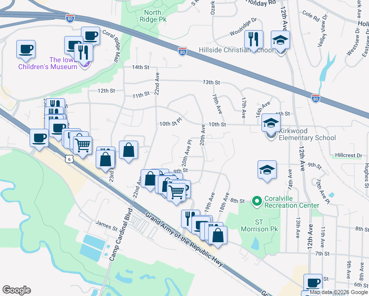 map of restaurants, bars, coffee shops, grocery stores, and more near 908 20th Avenue Place in Coralville