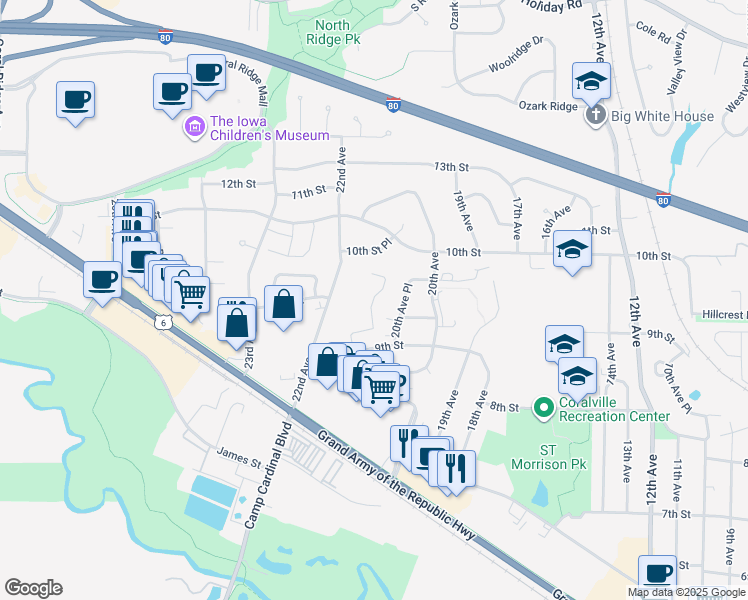 map of restaurants, bars, coffee shops, grocery stores, and more near 1104 21st Avenue Place in Coralville
