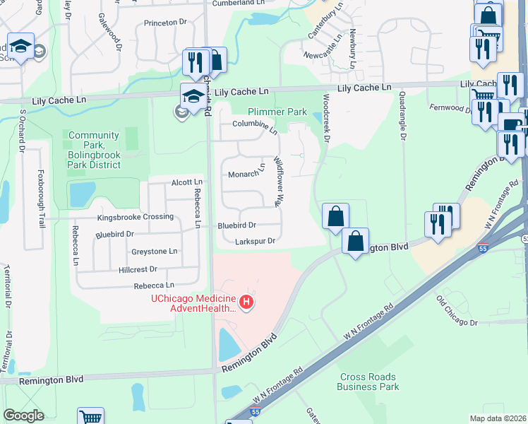 map of restaurants, bars, coffee shops, grocery stores, and more near 442 Bluebird Drive in Bolingbrook