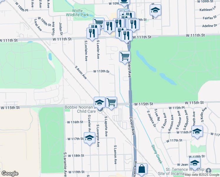 map of restaurants, bars, coffee shops, grocery stores, and more near 5115 West 114th Street in Alsip