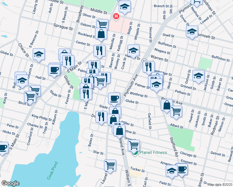 map of restaurants, bars, coffee shops, grocery stores, and more near 17 Emery Street in Fall River