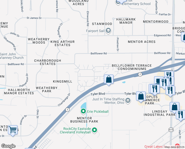 map of restaurants, bars, coffee shops, grocery stores, and more near 6824 Beacon Drive in Mentor