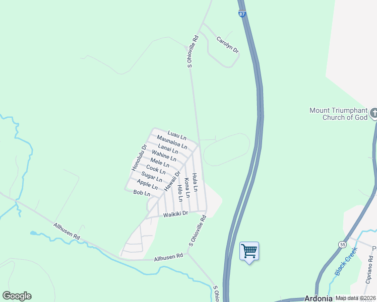 map of restaurants, bars, coffee shops, grocery stores, and more near Hawaii Drive in New Paltz