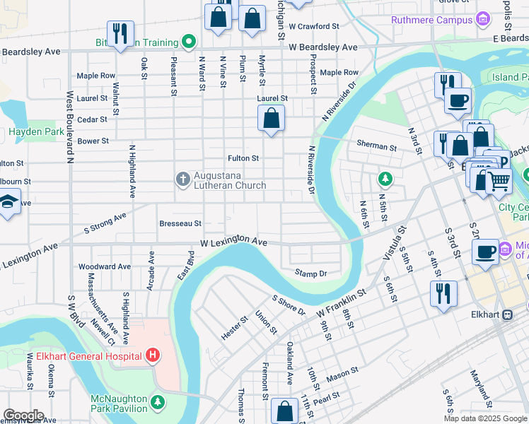 map of restaurants, bars, coffee shops, grocery stores, and more near 723 Strong Avenue in Elkhart