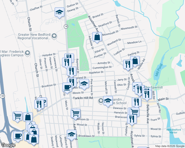 map of restaurants, bars, coffee shops, grocery stores, and more near 105 Pine Grove Street in New Bedford