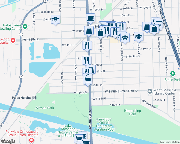 map of restaurants, bars, coffee shops, grocery stores, and more near S Harlem Ave & 113th Pl in Worth