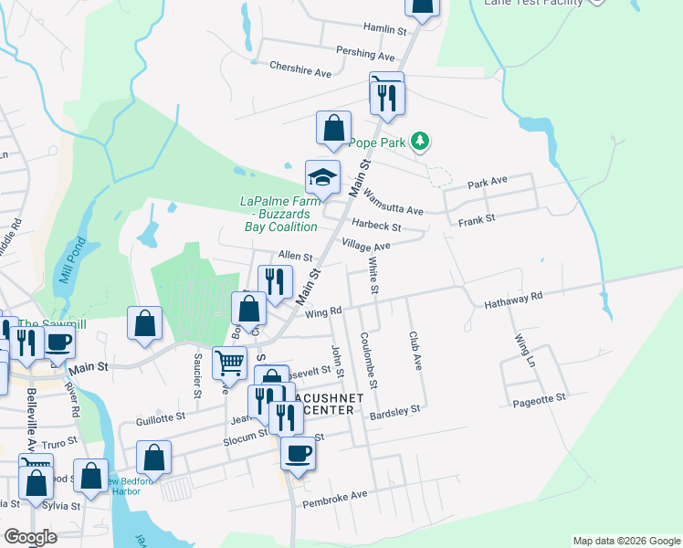 map of restaurants, bars, coffee shops, grocery stores, and more near 9 Diane Street in Acushnet