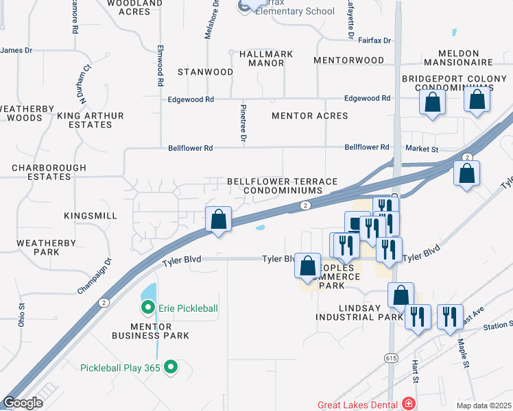 map of restaurants, bars, coffee shops, grocery stores, and more near 6831 Kirkwood Drive in Mentor