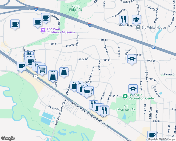 map of restaurants, bars, coffee shops, grocery stores, and more near 1004 21st Avenue Place in Coralville