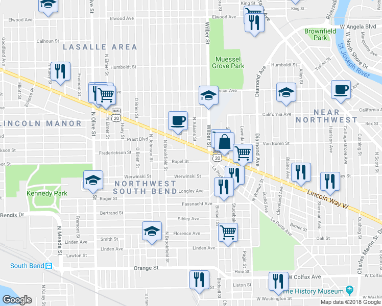 map of restaurants, bars, coffee shops, grocery stores, and more near 1636 Lincoln Way West in South Bend