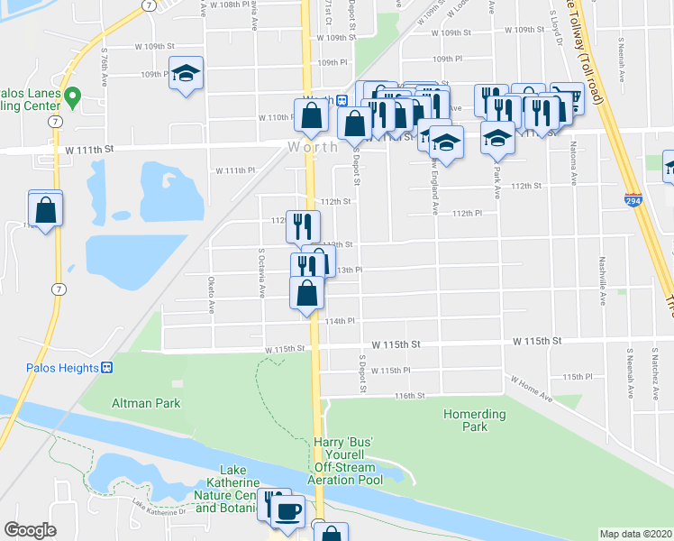 map of restaurants, bars, coffee shops, grocery stores, and more near 7134 West 113th Place in Worth