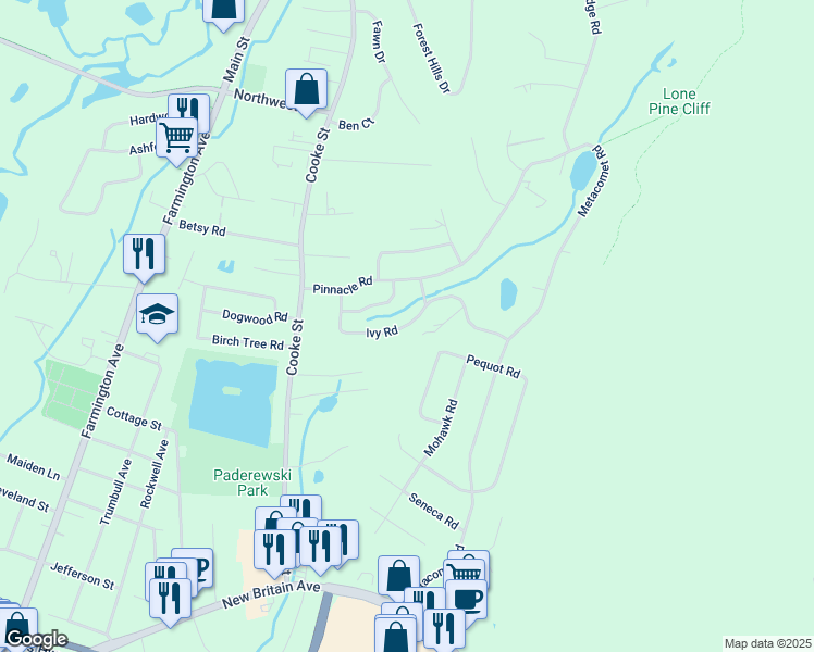 map of restaurants, bars, coffee shops, grocery stores, and more near 70 Ivy Road in Plainville