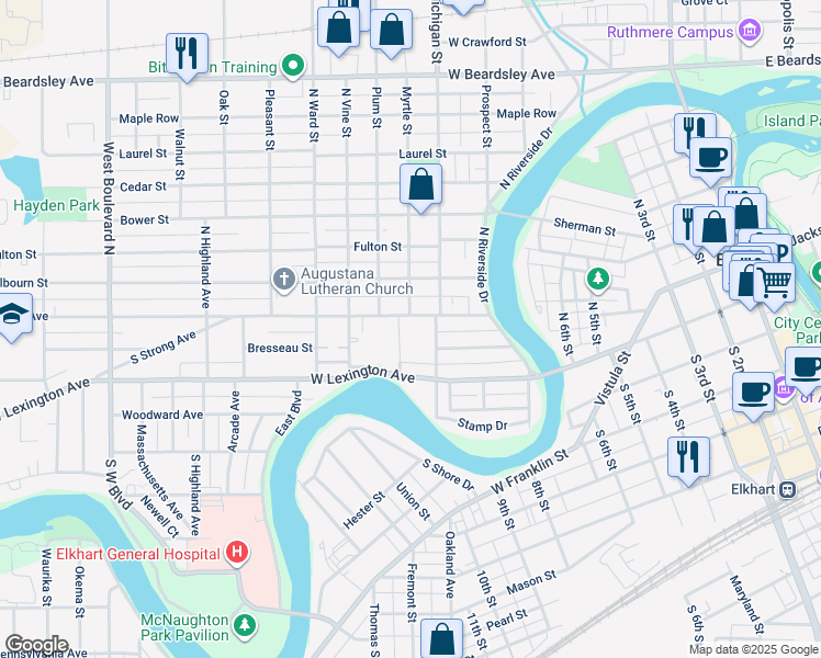 map of restaurants, bars, coffee shops, grocery stores, and more near 723 Strong Avenue in Elkhart