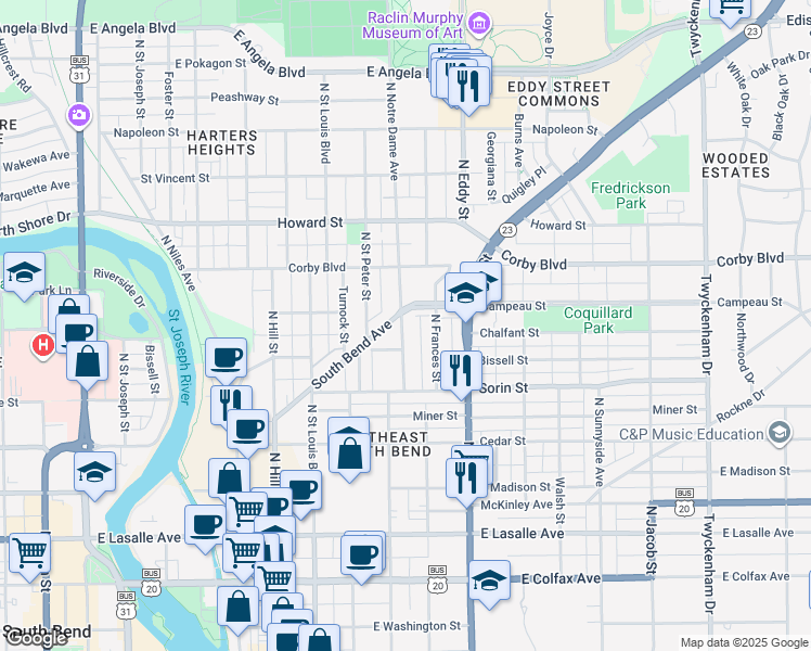 map of restaurants, bars, coffee shops, grocery stores, and more near 719 North Notre Dame Avenue in South Bend
