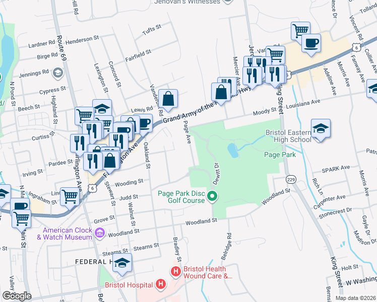 map of restaurants, bars, coffee shops, grocery stores, and more near 92 Page Avenue in Bristol
