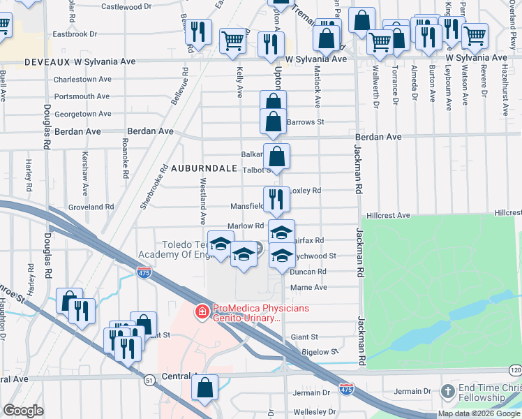 map of restaurants, bars, coffee shops, grocery stores, and more near 1928 Marlow Road in Toledo