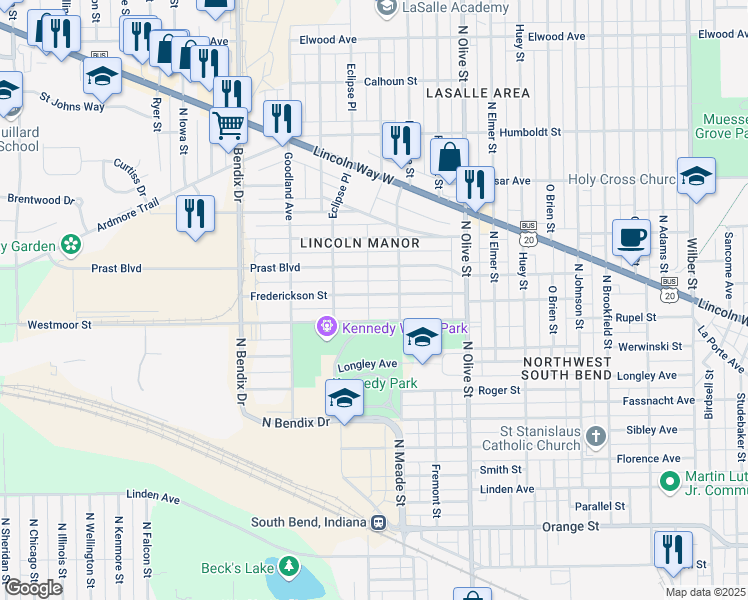 map of restaurants, bars, coffee shops, grocery stores, and more near 2628 Frederickson Street in South Bend