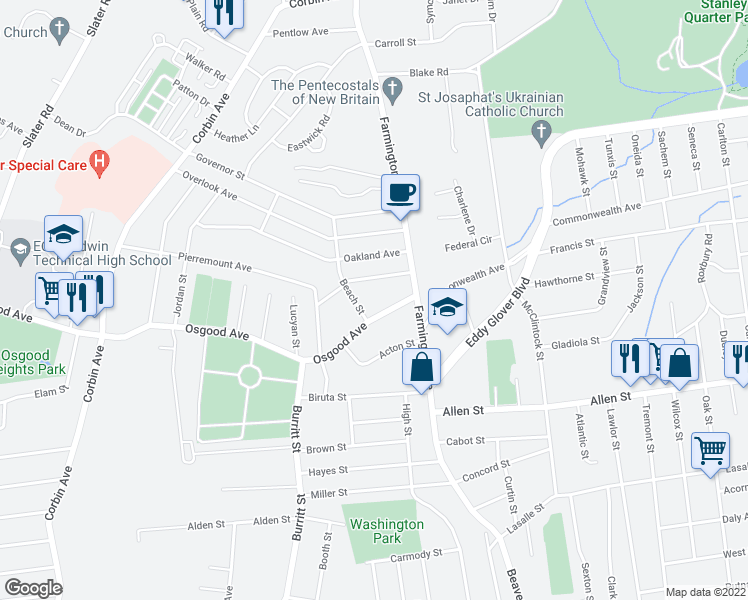 map of restaurants, bars, coffee shops, grocery stores, and more near 43 Osgood Avenue in New Britain
