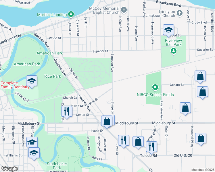 map of restaurants, bars, coffee shops, grocery stores, and more near 1440 Rice St in Elkhart