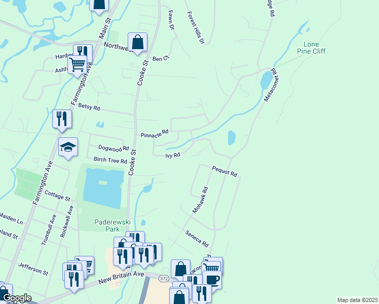 map of restaurants, bars, coffee shops, grocery stores, and more near 70 Ivy Road in Plainville