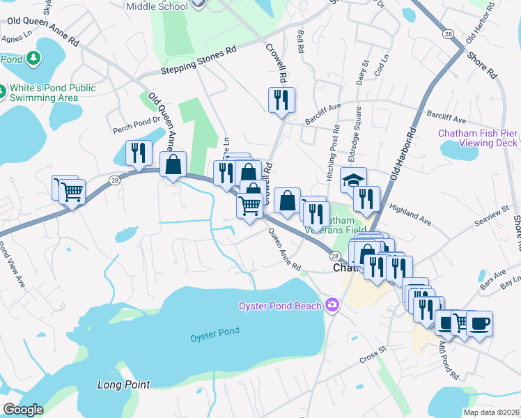 map of restaurants, bars, coffee shops, grocery stores, and more near 840 Main Street in Chatham