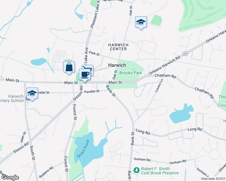 map of restaurants, bars, coffee shops, grocery stores, and more near 328 Bank Street in Harwich