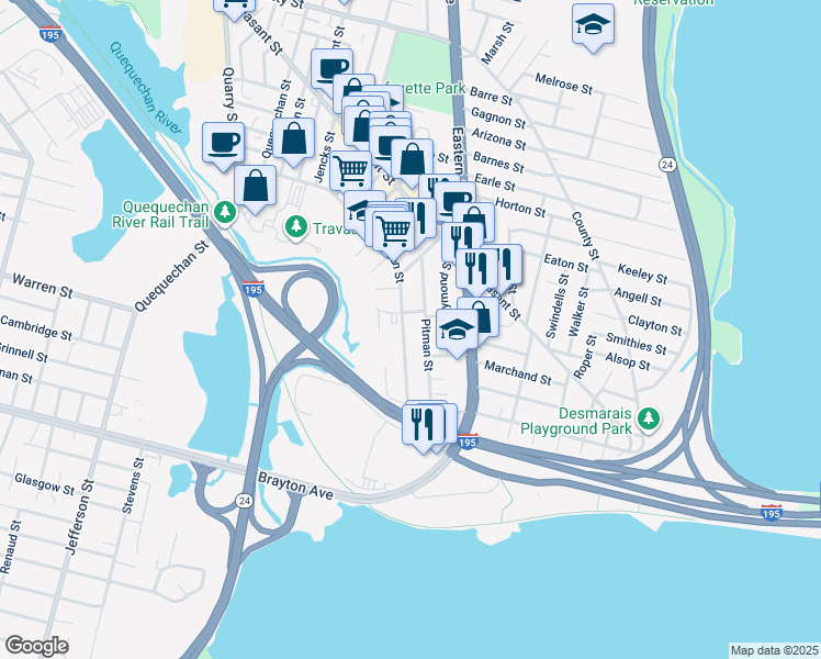 map of restaurants, bars, coffee shops, grocery stores, and more near 532 Alden Street in Fall River