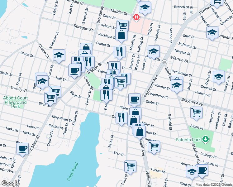 map of restaurants, bars, coffee shops, grocery stores, and more near 895 Globe Street in Fall River